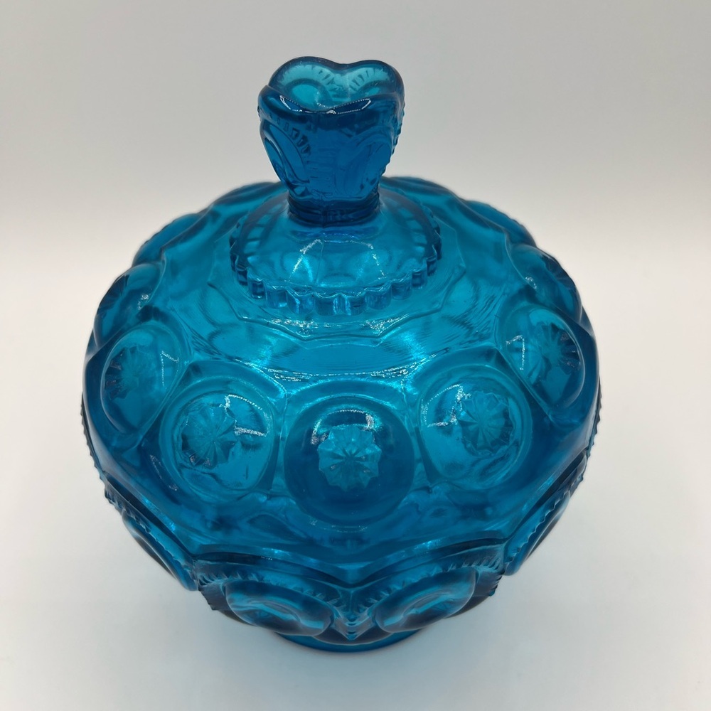 Vintage LE Smith Moon and Stars Blue Glass Lidded Compote Candy Dish - Picture 3 of 11